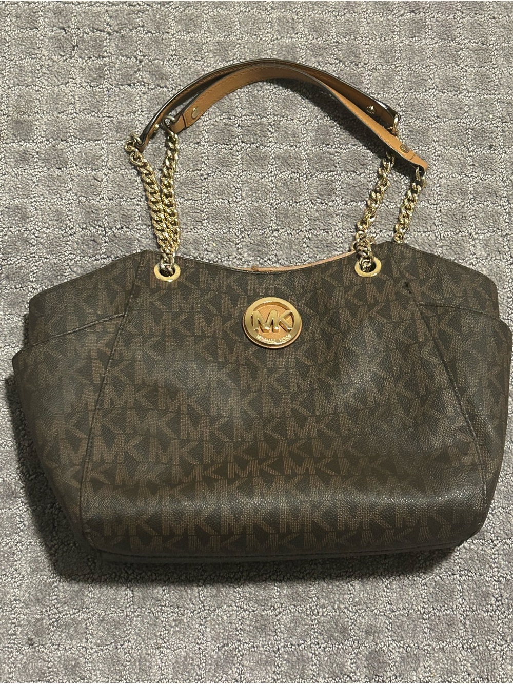 Michael Kors Brown MK Logo Shoulder Tote with Gold Hardware